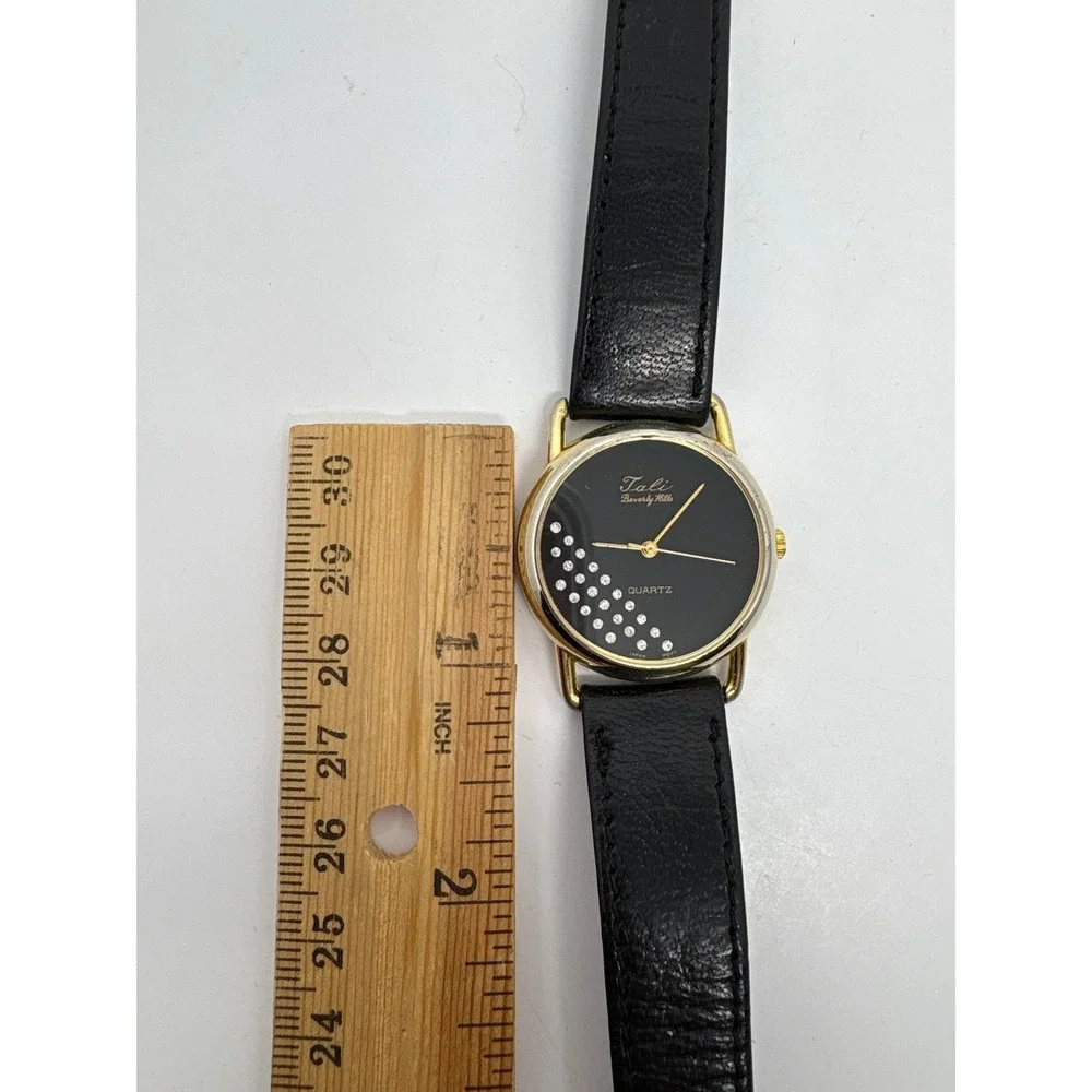1980s Tali Beverly Hills Watch Rhinestone Accent Gold Tone Black‎ Face Quartz